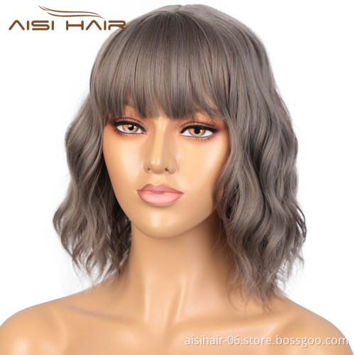 Aisi Hair Short Wavy Short Bob Gray Wig With Neat Bangs Body Wave Wig Heat Resistant Synthetic Fiber Wigs For Black White Women